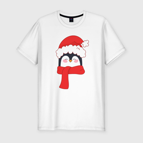 Мужская футболка хлопок Slim с принтом Новогодний пингвин в шапке Деда Мороза в Тюмени, 92% хлопок, 8% лайкра | приталенный силуэт, круглый вырез ворота, длина до линии бедра, короткий рукав | 