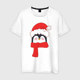 Мужская футболка хлопок с принтом Новогодний пингвин в шапке Деда Мороза в Тюмени, 100% хлопок | прямой крой, круглый вырез горловины, длина до линии бедер, слегка спущенное плечо. | 
