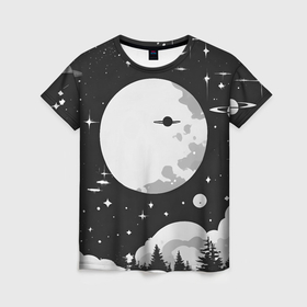 Женская футболка 3D с принтом Планеты и звёзды в Кировске, 100% полиэфир ( синтетическое хлопкоподобное полотно) | прямой крой, круглый вырез горловины, длина до линии бедер | 