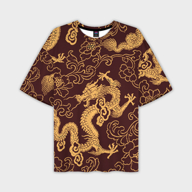 Мужская футболка oversize 3D с принтом Черно золотая гравюра дракона в Новосибирске,  |  | 