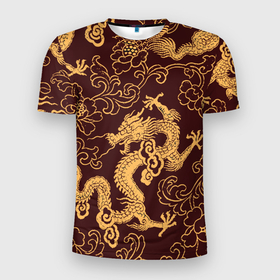 Мужская футболка 3D Slim с принтом Черно золотая гравюра дракона в Новосибирске, 100% полиэстер с улучшенными характеристиками | приталенный силуэт, круглая горловина, широкие плечи, сужается к линии бедра | 