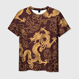 Мужская футболка 3D с принтом Черно золотая гравюра дракона , 100% полиэфир | прямой крой, круглый вырез горловины, длина до линии бедер | 