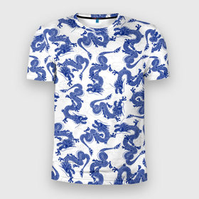Мужская футболка 3D Slim с принтом Синие новогодние драконы в Белгороде, 100% полиэстер с улучшенными характеристиками | приталенный силуэт, круглая горловина, широкие плечи, сужается к линии бедра | 