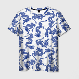 Мужская футболка 3D с принтом Синие новогодние драконы , 100% полиэфир | прямой крой, круглый вырез горловины, длина до линии бедер | 