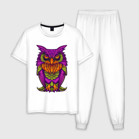 Мужская пижама хлопок с принтом Purple owl в Екатеринбурге, 100% хлопок | брюки и футболка прямого кроя, без карманов, на брюках мягкая резинка на поясе и по низу штанин
 | 