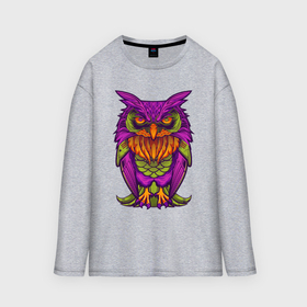 Мужской лонгслив oversize хлопок с принтом Purple owl в Кировске,  |  | Тематика изображения на принте: 