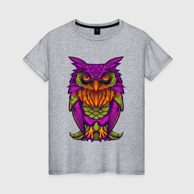 Женская футболка хлопок с принтом Purple owl в Кировске, 100% хлопок | прямой крой, круглый вырез горловины, длина до линии бедер, слегка спущенное плечо | 