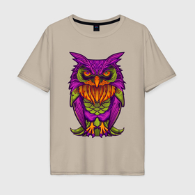Мужская футболка хлопок Oversize с принтом Purple owl в Кировске, 100% хлопок | свободный крой, круглый ворот, “спинка” длиннее передней части | Тематика изображения на принте: 