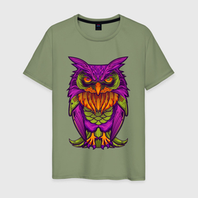 Мужская футболка хлопок с принтом Purple owl в Кировске, 100% хлопок | прямой крой, круглый вырез горловины, длина до линии бедер, слегка спущенное плечо. | Тематика изображения на принте: 