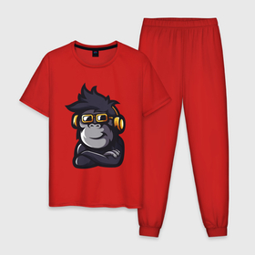 Мужская пижама хлопок с принтом Music monkey в Екатеринбурге, 100% хлопок | брюки и футболка прямого кроя, без карманов, на брюках мягкая резинка на поясе и по низу штанин
 | 