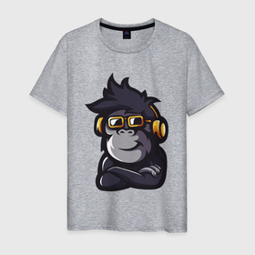 Мужская футболка хлопок с принтом Music monkey в Екатеринбурге, 100% хлопок | прямой крой, круглый вырез горловины, длина до линии бедер, слегка спущенное плечо. | Тематика изображения на принте: 
