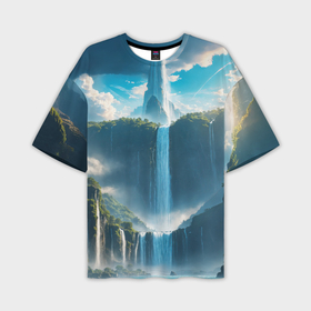 Мужская футболка oversize 3D с принтом Пейзаж с горами и водопадом в Санкт-Петербурге,  |  | 