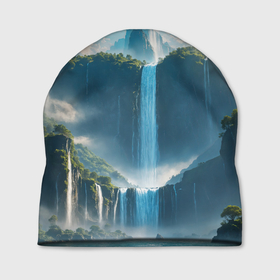 Шапка 3D с принтом Пейзаж с горами и водопадом в Екатеринбурге, 100% полиэстер | универсальный размер, печать по всей поверхности изделия | 