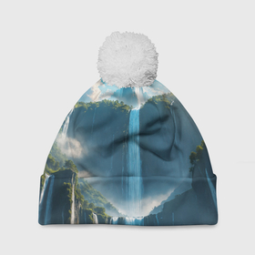 Шапка 3D c помпоном с принтом Пейзаж с горами и водопадом в Екатеринбурге, 100% полиэстер | универсальный размер, печать по всей поверхности изделия | 