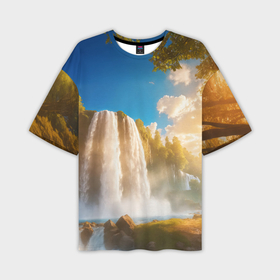 Мужская футболка oversize 3D с принтом Солнечный пейзаж с водопадом в Санкт-Петербурге,  |  | 