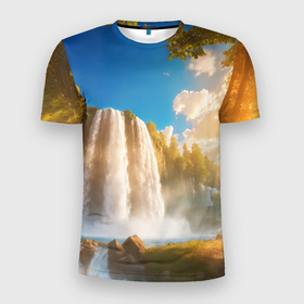 Мужская футболка 3D Slim с принтом Солнечный пейзаж с водопадом в Екатеринбурге, 100% полиэстер с улучшенными характеристиками | приталенный силуэт, круглая горловина, широкие плечи, сужается к линии бедра | 