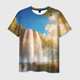 Мужская футболка 3D с принтом Солнечный пейзаж с водопадом в Тюмени, 100% полиэфир | прямой крой, круглый вырез горловины, длина до линии бедер | 