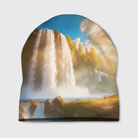 Шапка 3D с принтом Солнечный пейзаж с водопадом в Екатеринбурге, 100% полиэстер | универсальный размер, печать по всей поверхности изделия | 