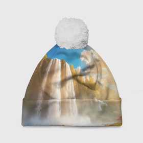 Шапка 3D c помпоном с принтом Солнечный пейзаж с водопадом в Екатеринбурге, 100% полиэстер | универсальный размер, печать по всей поверхности изделия | 