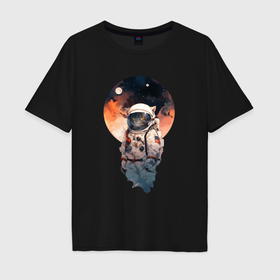 Мужская футболка хлопок Oversize с принтом Кот в скафандре на фоне планеты , 100% хлопок | свободный крой, круглый ворот, “спинка” длиннее передней части | Тематика изображения на принте: 