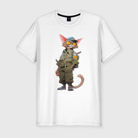 Мужская футболка хлопок Slim с принтом Злой кот с огромными глазами в Белгороде, 92% хлопок, 8% лайкра | приталенный силуэт, круглый вырез ворота, длина до линии бедра, короткий рукав | 