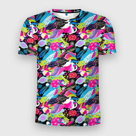 Мужская футболка 3D Slim с принтом Цветочный листопад в Белгороде, 100% полиэстер с улучшенными характеристиками | приталенный силуэт, круглая горловина, широкие плечи, сужается к линии бедра | 