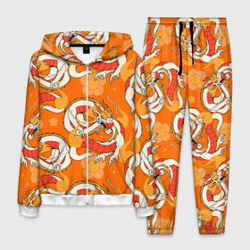 Мужской костюм 3D с принтом Оранжевый дракон 2024 , 100% полиэстер | Манжеты и пояс оформлены тканевой резинкой, двухслойный капюшон со шнурком для регулировки, карманы спереди | 