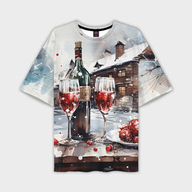 Мужская футболка oversize 3D с принтом Новогодние напитки на фоне зимнего пейзажа в Кировске,  |  | Тематика изображения на принте: 