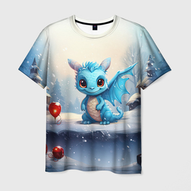 Мужская футболка 3D с принтом Синий дракон льдинок 2024 в Петрозаводске, 100% полиэфир | прямой крой, круглый вырез горловины, длина до линии бедер | Тематика изображения на принте: 
