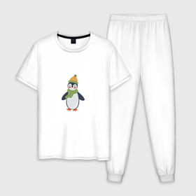 Мужская пижама хлопок с принтом Весёлый пингвин в шапке , 100% хлопок | брюки и футболка прямого кроя, без карманов, на брюках мягкая резинка на поясе и по низу штанин
 | Тематика изображения на принте: 