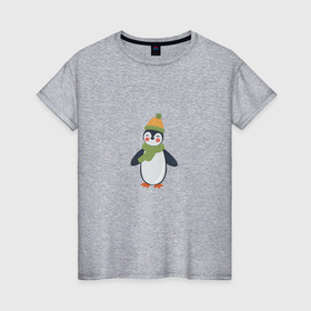 Женская футболка хлопок с принтом Весёлый пингвин в шапке в Екатеринбурге, 100% хлопок | прямой крой, круглый вырез горловины, длина до линии бедер, слегка спущенное плечо | 