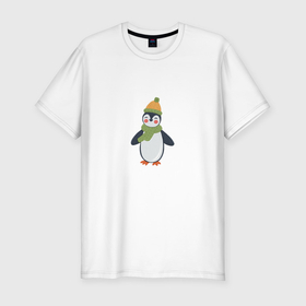 Мужская футболка хлопок Slim с принтом Весёлый пингвин в шапке в Санкт-Петербурге, 92% хлопок, 8% лайкра | приталенный силуэт, круглый вырез ворота, длина до линии бедра, короткий рукав | 