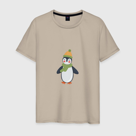 Мужская футболка хлопок с принтом Весёлый пингвин в шапке , 100% хлопок | прямой крой, круглый вырез горловины, длина до линии бедер, слегка спущенное плечо. | Тематика изображения на принте: 