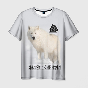 Мужская футболка 3D с принтом Белый волк норд   север в моей крови в Санкт-Петербурге, 100% полиэфир | прямой крой, круглый вырез горловины, длина до линии бедер | 