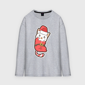 Мужской лонгслив oversize хлопок с принтом Котик Санта Клаус в Ухте,  |  | Тематика изображения на принте: 