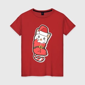 Женская футболка хлопок с принтом Котик Санта Клаус в Новосибирске, 100% хлопок | прямой крой, круглый вырез горловины, длина до линии бедер, слегка спущенное плечо | 