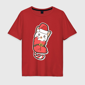 Мужская футболка хлопок Oversize с принтом Котик Санта Клаус в Екатеринбурге, 100% хлопок | свободный крой, круглый ворот, “спинка” длиннее передней части | 