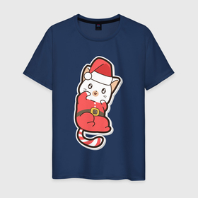 Мужская футболка хлопок с принтом Котик Санта Клаус в Белгороде, 100% хлопок | прямой крой, круглый вырез горловины, длина до линии бедер, слегка спущенное плечо. | 