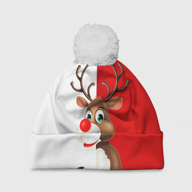 Шапка 3D c помпоном с принтом Christmas deer art , 100% полиэстер | универсальный размер, печать по всей поверхности изделия | 
