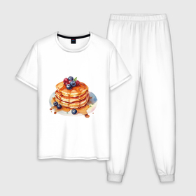 Мужская пижама хлопок с принтом Блинчики с кленовым сиропом в Кировске, 100% хлопок | брюки и футболка прямого кроя, без карманов, на брюках мягкая резинка на поясе и по низу штанин
 | 