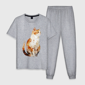 Мужская пижама хлопок с принтом Задумчивый акварельный кот V1 в Курске, 100% хлопок | брюки и футболка прямого кроя, без карманов, на брюках мягкая резинка на поясе и по низу штанин
 | 