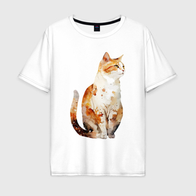 Мужская футболка хлопок Oversize с принтом Задумчивый акварельный кот V1 в Екатеринбурге, 100% хлопок | свободный крой, круглый ворот, “спинка” длиннее передней части | 