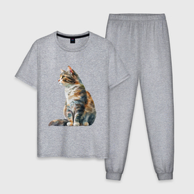 Мужская пижама хлопок с принтом Задумчивый акварельный кот V2 в Курске, 100% хлопок | брюки и футболка прямого кроя, без карманов, на брюках мягкая резинка на поясе и по низу штанин
 | 