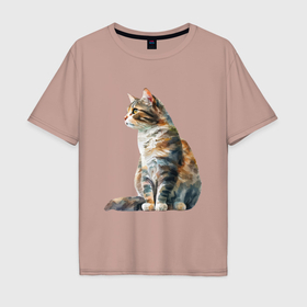 Мужская футболка хлопок Oversize с принтом Задумчивый акварельный кот V2 в Екатеринбурге, 100% хлопок | свободный крой, круглый ворот, “спинка” длиннее передней части | 