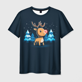 Мужская футболка 3D с принтом Светящийся новогодний олень , 100% полиэфир | прямой крой, круглый вырез горловины, длина до линии бедер | 