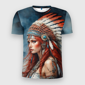 Мужская футболка 3D Slim с принтом Шаманка индейского племени в Екатеринбурге, 100% полиэстер с улучшенными характеристиками | приталенный силуэт, круглая горловина, широкие плечи, сужается к линии бедра | 
