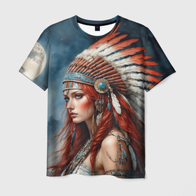 Мужская футболка 3D с принтом Шаманка индейского племени в Белгороде, 100% полиэфир | прямой крой, круглый вырез горловины, длина до линии бедер | 