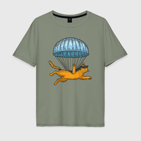 Мужская футболка хлопок Oversize с принтом Котик парашютист в Тюмени, 100% хлопок | свободный крой, круглый ворот, “спинка” длиннее передней части | 
