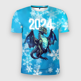 Мужская футболка 3D Slim с принтом 2024  синий дракон в Белгороде, 100% полиэстер с улучшенными характеристиками | приталенный силуэт, круглая горловина, широкие плечи, сужается к линии бедра | 