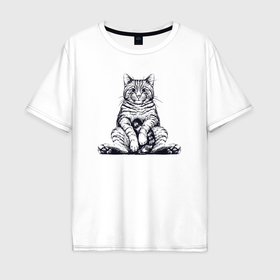 Мужская футболка хлопок Oversize с принтом Cat chill в Санкт-Петербурге, 100% хлопок | свободный крой, круглый ворот, “спинка” длиннее передней части | Тематика изображения на принте: 